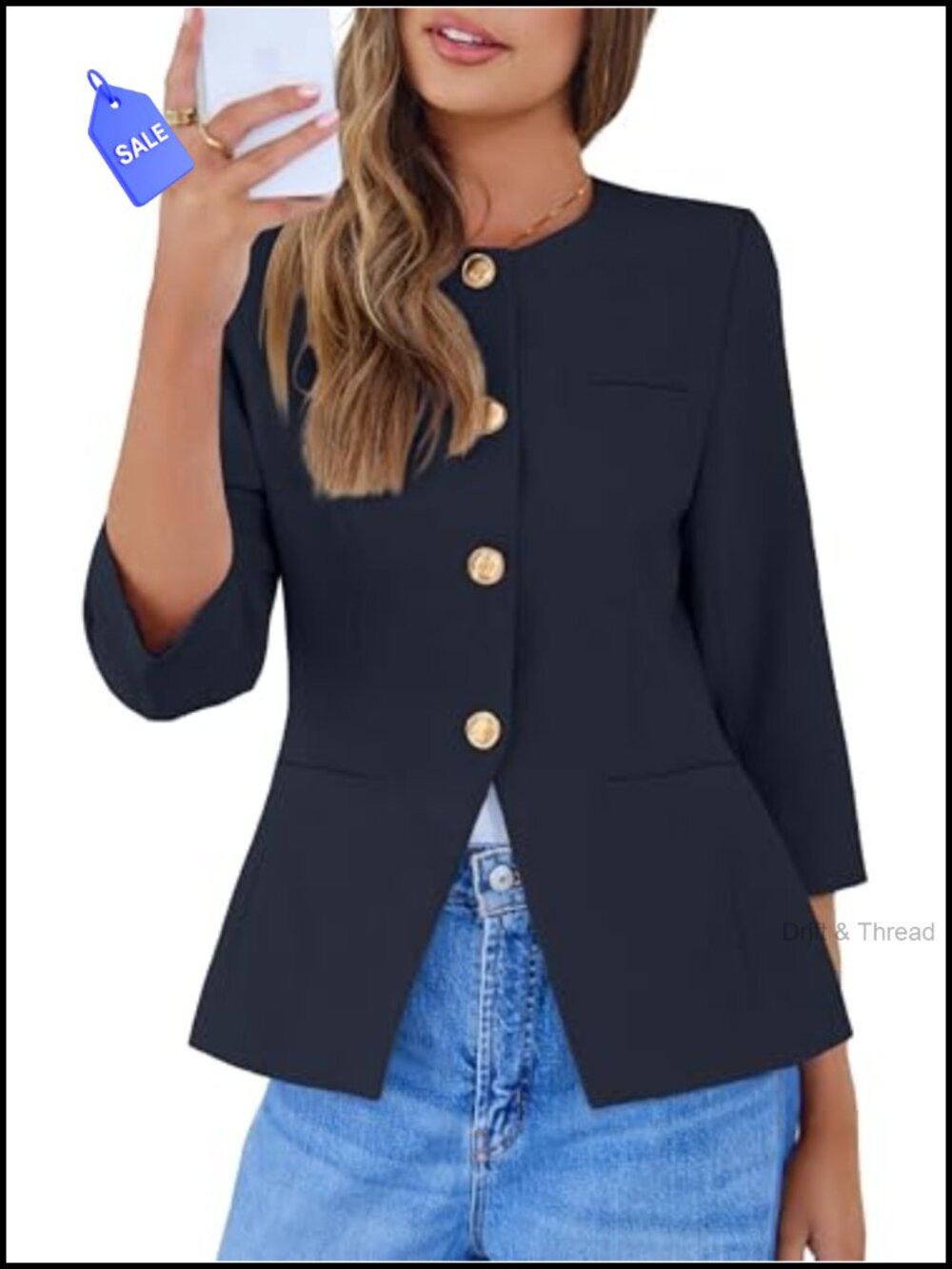Simplee Womens Collarless Button Down Blazer 3/4 Sleeve Business Casual Work